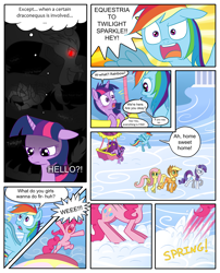 Size: 1250x1550 | Tagged: safe, artist:leffenkitty, imported from derpibooru, applejack, discord, fluttershy, pinkie pie, rainbow dash, rarity, twilight sparkle, pony, comic:prospect of tranquility, cloudsdale, comic, hot air balloon, mane six, twinkling balloon