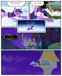 Size: 1250x1550 | Tagged: safe, artist:leffenkitty, imported from derpibooru, discord, princess celestia, twilight sparkle, pony, comic:prospect of tranquility, canterlot, cloudsdale, comic