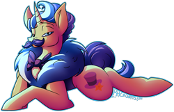 Size: 1513x973 | Tagged: safe, artist:razinoats, imported from derpibooru, dandy grandeur, pony, unicorn, bedroom eyes, bowtie, facial hair, hat, horn, lying down, male, moustache, prone, simple background, solo, stallion, top hat, transparent background