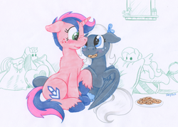 Size: 2512x1800 | Tagged: safe, artist:foxxy-arts, imported from derpibooru, fluttershy, twilight sparkle, oc, alicorn, cookie, food, pillow, plushie, traditional art, twilight sparkle (alicorn)