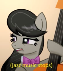 Size: 505x568 | Tagged: safe, imported from derpibooru, octavia melody, earth pony, pony, bowtie, cello, disgusted, female, image macro, jazz music stops, mare, meme, musical instrument, parody, ponified meme, reaction image, solo