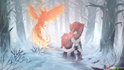 Size: 1200x675 | Tagged: safe, artist:redchetgreen, imported from derpibooru, oc, oc only, bat pony, owl, phoenix, boots, clothes, forest, shoes, snow, winter outfit