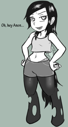 Size: 482x901 | Tagged: safe, artist:dj-black-n-white, imported from derpibooru, oc, oc only, oc:mistake, satyr, belly button, child bearing hips, implied anon, midriff, offspring, parent:queen chrysalis, wide hips