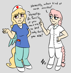 Size: 1370x1397 | Tagged: safe, artist:heretichesh, imported from derpibooru, oc, oc only, oc:tonsils, oc:zephy, satyr, cigarette, clothes, doctor's coat, offspring, parent:nurse redheart, parent:oc:gale, parent:oc:prism, scrubs (gear)