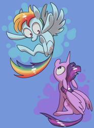 Size: 600x810 | Tagged: safe, artist:starstation, imported from derpibooru, rainbow dash, twilight sparkle, alicorn, pegasus, pony, abstract background, duo, eye contact, female, flying, kinetic contrast, looking at each other, looking down, looking up, mare, simple background, sitting, twilight sparkle (alicorn)