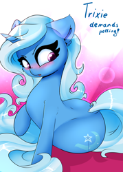 Size: 1500x2100 | Tagged: safe, artist:madacon, imported from derpibooru, trixie, pony, unicorn, adorasexy, backbend, blushing, cute, dialogue, diatrixes, dock, female, looking back, mare, raised hoof, sexy, solo, the great and powerful ass, third person