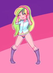 Size: 1152x1584 | Tagged: safe, artist:drantyno, imported from derpibooru, lemon zest, equestria girls, clothes, cute, female, headphones, panties, rainbow underwear, shirt, smiling, socks, solo, striped background, underwear, zestabetes