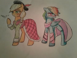 Size: 1600x1200 | Tagged: safe, artist:ponime11, imported from derpibooru, applejack, rainbow dash, pony, blushing, clothes, dress, rainbow dash always dresses in style, traditional art