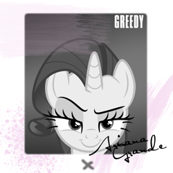 Size: 800x800 | Tagged: dead source, safe, artist:penguinsn1fan, imported from derpibooru, rarity, pony, album, album cover, ariana grande, cover, female, monochrome, parody, ponified, ponified album cover, solo