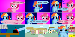 Size: 5581x2776 | Tagged: safe, artist:closingrain, artist:mellowbomb, imported from derpibooru, pinkie pie, rainbow dash, oc, oc:closingrain, comic:calamity fateful, 1000 hours in ms paint, dialogue