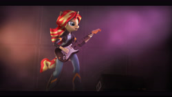 Size: 9600x5400 | Tagged: safe, artist:imafutureguitarhero, imported from derpibooru, sunset shimmer, anthro, unguligrade anthro, unicorn, 3d, absurd resolution, alternate hairstyle, amplifier, black bars, boots, cable, cheek fluff, chin fluff, clothes, detailed eyes, detailed hair, dress, ear fluff, ear piercing, earring, electric guitar, equestria girls outfit, female, fender stratocaster, film grain, fog, guitar, guitar amp, guitar cabinet, jacket, jeans, jewelry, leather jacket, light show, monitor, motion blur, musical instrument, neck fluff, nose wrinkle, open mouth, paintover, pants, piercing, playing instrument, ring, rock (music), shoes, signature, smoke, solo, source filmmaker, stage, stratocaster, sunset shredder, sweat, wall of tags, wallpaper, widescreen, windswept hair, windswept mane, windswept tail