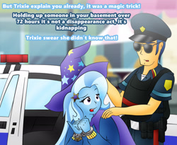 Size: 2588x2124 | Tagged: safe, artist:poseidonathenea, imported from derpibooru, officer pootang mang, trixie, equestria girls, arrested, body armor, cape, car, clothes, cuffs, duo, grammar error, hat, kurt marshall, peaked cap, police car, police officer, recolor, trixie's cape, trixie's hat