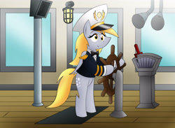 Size: 3480x2550 | Tagged: safe, artist:poseidonathenea, imported from derpibooru, derpy hooves, clothes, cruise ship, helm, navigation, sailor, this will not end well, uniform, wheel