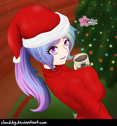 Size: 924x1000 | Tagged: safe, alternate version, artist:clouddg, imported from derpibooru, princess celestia, equestria girls, breasts, busty princess celestia, chocolate, christmas, christmas tree, clothes, cup, female, hat, holiday, hot chocolate, human coloration, multiple variants, principal celestia, santa hat, solo, tree