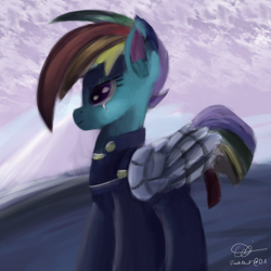 Size: 1024x1024 | Tagged: safe, artist:jackmuir, deleted from derpibooru, imported from derpibooru, rainbow dash, season 5, the cutie re-mark, alternate timeline, apocalypse dash, crystal war timeline, eye scar, painting, prosthetic wing, prosthetics, scar, season 5 final, solo