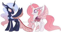 Size: 1732x905 | Tagged: safe, artist:ipandacakes, imported from derpibooru, oc, oc only, oc:cycnia roselight, oc:diaphora moonglow, changedling, changeling, changepony, hybrid, female, offspring, parent:pharynx, parent:princess celestia, parent:princess luna, parent:thorax, parents:lunarynx, parents:thoralestia, simple background, transparent background