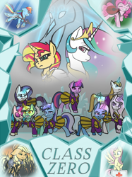 Size: 1000x1334 | Tagged: safe, artist:multiversecruise, imported from derpibooru, applejack, dj pon-3, fleur-de-lis, fluttershy, lyra heartstrings, minuette, pinkie pie, prince blueblood, princess celestia, rainbow dash, rarity, sunset shimmer, trixie, twilight sparkle, vinyl scratch, pony, windigo, clothes, fanfic, fanfic art, fanfic cover, first aid kit