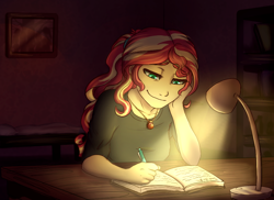 Size: 946x689 | Tagged: safe, artist:miamaha, imported from derpibooru, sunset shimmer, equestria girls, bed, bedroom, clothes, female, implied twilight sparkle, lamp, room, smiling, solo, story in the source, writing