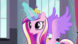 Size: 1280x720 | Tagged: safe, imported from derpibooru, screencap, princess cadance, alicorn, pony, princess spike (episode), colored wings, crown, female, gradient wings, jewelry, magic, mare, multicolored wings, regalia, solo, spread wings, tiara, wings