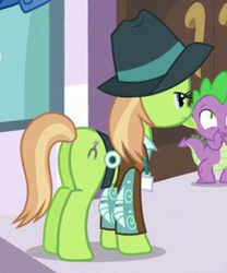 Size: 234x281 | Tagged: safe, imported from derpibooru, screencap, spike, yuma spurs, dragon, earth pony, pony, princess spike (episode), appleloosa resident, background pony, butt, clothes, cropped, female, hat, jacket, mare, plot, solo focus