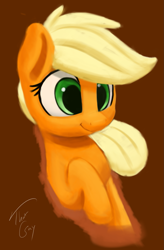 Size: 1027x1569 | Tagged: safe, artist:tg1117, imported from derpibooru, applejack, earth pony, pony, blonde, brown background, female, hatless, mare, missing accessory, simple background, smiling, solo