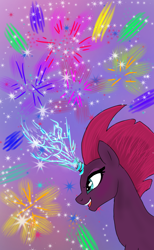 Size: 960x1558 | Tagged: safe, artist:twilightsparkle537, imported from derpibooru, fizzlepop berrytwist, tempest shadow, pony, unicorn, my little pony: the movie, broken horn, female, fireworks, fizzlepop's fireworks, glowing horn, mare, solo