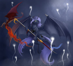 Size: 3300x3000 | Tagged: safe, artist:skitsniga, artist:skitsroom, imported from derpibooru, princess luna, bat wings, female, flying, solo, spear, warrior luna, weapon