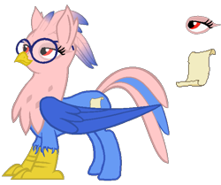 Size: 615x514 | Tagged: safe, artist:venaf, imported from derpibooru, oc, oc only, oc:vivian iolani, classical hippogriff, hippogriff, cutie mark, female, glasses, red eyes, reference sheet, simple background, smiling, solo, standing, transparent background