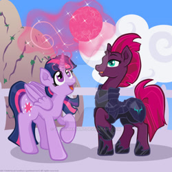 Size: 600x600 | Tagged: safe, artist:yoshimarsart, imported from derpibooru, fizzlepop berrytwist, tempest shadow, twilight sparkle, alicorn, pony, my little pony: the movie, balloon, magic, magic aura, twilight sparkle (alicorn), watermark