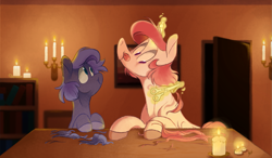 Size: 1507x878 | Tagged: safe, artist:longmuzzlepony, imported from derpibooru, princess celestia, princess luna, alicorn, pony, alternate hairstyle, candle, duo, haircut, pink mane, scissors, tongue out, younger