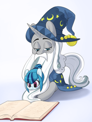 Size: 1365x1792 | Tagged: safe, artist:skecchiart, imported from derpibooru, sonata dusk, star swirl the bearded, pony, book, cute, daddy star swirl, duo, eye clipping through hair, female, filly, hat, hnnng, prone, reading, smiling, sonatabetes, wizard hat