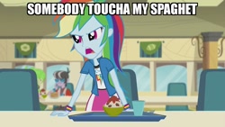 Size: 1280x720 | Tagged: safe, edit, edited screencap, imported from derpibooru, screencap, rainbow dash, equestria girls, pinkie on the one, rainbow rocks, angry, cafeteria, canteen, food, glass, image macro, meme, pasta, somebody toucha my spaghet, spaghetti