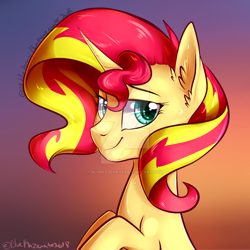 Size: 800x800 | Tagged: safe, artist:bluekazenate, imported from derpibooru, sunset shimmer, unicorn, bust, female, portrait, smiling, solo, watermark