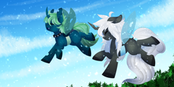 Size: 3000x1500 | Tagged: safe, artist:jacobdawz, imported from derpibooru, oc, oc only, changeling, blue changeling, changeling oc, eyes closed, flying, gift art, smiling, snow, snowfall, white changeling