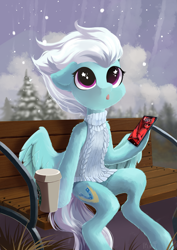 Size: 2893x4092 | Tagged: safe, artist:kebchach, imported from derpibooru, fleetfoot, pegasus, pony, bench, cellphone, coffee, female, looking up, mare, phone, sitting, smartphone, snow, solo, spread wings, starbucks, starry eyes, wingding eyes, wings