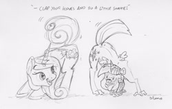 Size: 2841x1811 | Tagged: safe, artist:dilarus, deleted from derpibooru, imported from derpibooru, princess cadance, twilight sparkle, alicorn, pony, comic:the many faces of twilight sparkle, ass up, dialogue, monochrome, not salmon, singing, sunshine sunshine, traditional art, twilight sparkle (alicorn), wat