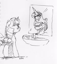 Size: 2045x2295 | Tagged: safe, artist:dilarus, deleted from derpibooru, imported from derpibooru, twilight sparkle, alicorn, comic:the many faces of twilight sparkle, mirror, monochrome, not salmon, reflection, sink, species swap, traditional art, twilight sparkle (alicorn), wat