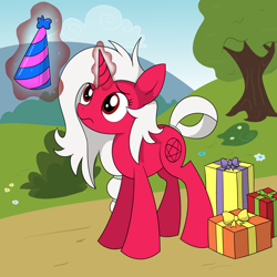 Size: 2048x2048 | Tagged: safe, artist:reconprobe, imported from derpibooru, oc, oc only, oc:zyklon, pony, unicorn, 4chan, birthday, hat, party hat, present, solo, tree