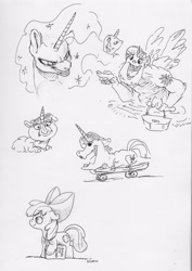 Size: 3099x4384 | Tagged: safe, artist:dilarus, deleted from derpibooru, imported from derpibooru, apple bloom, nightmare moon, princess celestia, twilight sparkle, alicorn, anthro, earth pony, pony, comic:the many faces of twilight sparkle, anthro with ponies, book, horn, monochrome, not salmon, rule 63, skateboard, species swap, traditional art, vulgar, wat, wings