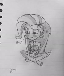 Size: 2182x2595 | Tagged: safe, artist:michaelmaddox222, imported from derpibooru, trixie, equestria girls, angry, barefoot, blushing, bondage, feet, female, hmph, lineart, lined paper, monochrome, pencil drawing, self bondage, signature, sitting, solo, story included, straitjacket, traditional art