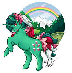 Size: 700x710 | Tagged: safe, artist:rapidashtrainer, imported from derpibooru, fizzy, pony, twinkle eyed pony, unicorn, bow, g1, rainbow, rearing, tail bow