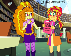 Size: 2000x1576 | Tagged: safe, artist:ktd1993, imported from derpibooru, adagio dazzle, sunset shimmer, equestria girls, 30 day otp challenge, blushing, book, crying, female, lesbian, shipping, sunsagio, tears of joy