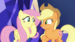 Size: 1280x720 | Tagged: safe, imported from derpibooru, screencap, applejack, fluttershy, earth pony, pegasus, pony, sounds of silence, cute, female, happy, jackabetes, looking at each other, mare, raised hoof, shyabetes, smiling