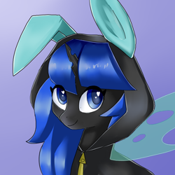 Size: 1000x1000 | Tagged: safe, artist:rosefluffdraws, imported from derpibooru, oc, oc only, oc:blue visions, changeling, blue changeling, bunny ears, bust, changeling oc, clothes, commission, costume, cute, dangerous mission outfit, female, heart eyes, hoodie, insect wings, looking at you, portrait, simple background, smiling, solo, transparent wings, wingding eyes