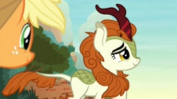 Size: 1920x1080 | Tagged: safe, imported from derpibooru, screencap, applejack, autumn blaze, kirin, pony, sounds of silence, cute, duo, female, mare, side view, smiling