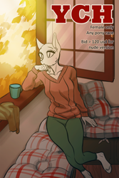 Size: 800x1200 | Tagged: safe, artist:margony, imported from derpibooru, oc, oc only, anthro, advertisement, anthro oc, auction, bed, clothes, commission, couch, digital art, female, mare, pants, pillow, sitting, sweater, window, ych example, your character here