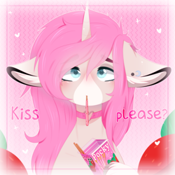 Size: 3000x3000 | Tagged: safe, artist:nightyum, imported from derpibooru, oc, oc only, oc:tarot, classical unicorn, pony, unicorn, blushing, cloven hooves, collar, curved horn, cute, dialogue, digital art, ear piercing, female, floppy ears, food, freckles, heart eyes, horn, leonine tail, long mane, mare, palomino, piercing, pink mane, pocky, pocky game, simple background, solo, strawberry, unshorn fetlocks, wingding eyes, ych result