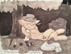 Size: 1280x968 | Tagged: dead source, safe, artist:airfly-pony, imported from derpibooru, applejack, earth pony, pony, apple, armpits, chest fluff, cowboy hat, crossed legs, ear fluff, female, food, hat, hat over eyes, hidden eyes, inktober, inktober 2018, mare, monochrome, on back, rcf community, sketch, sleeping, solo, traditional art, tree, under the tree