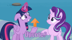 Size: 600x337 | Tagged: safe, edit, edited screencap, editor:quillian inkheart, imported from derpibooru, screencap, starlight glimmer, twilight sparkle, alicorn, school daze, angry, animated, denied, duo, female, gif, meme, starlight savage, text, twilight sparkle (alicorn), upvote