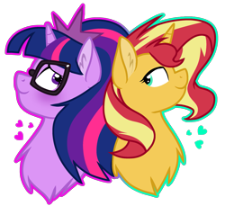 Size: 2423x2219 | Tagged: safe, artist:shayla567, imported from derpibooru, sci-twi, sunset shimmer, twilight sparkle, pony, unicorn, equestria girls, blushing, equestria girls ponified, female, lesbian, looking at each other, ponified, scitwishimmer, shipping, simple background, sunsetsparkle, transparent background, unicorn sci-twi